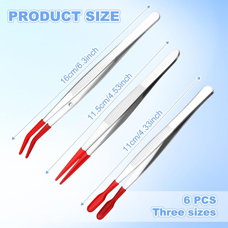 Resflyar 6 PCS Tweezers with Rubber Tips Set, PVC Coated Precision Tweezers, Rubber Straight Tip Tweezer Rubbers Flat Tip and Long Bent Tweezer for Craft Jewelry Beads Lab Industrial Stamps, Red - Image 2